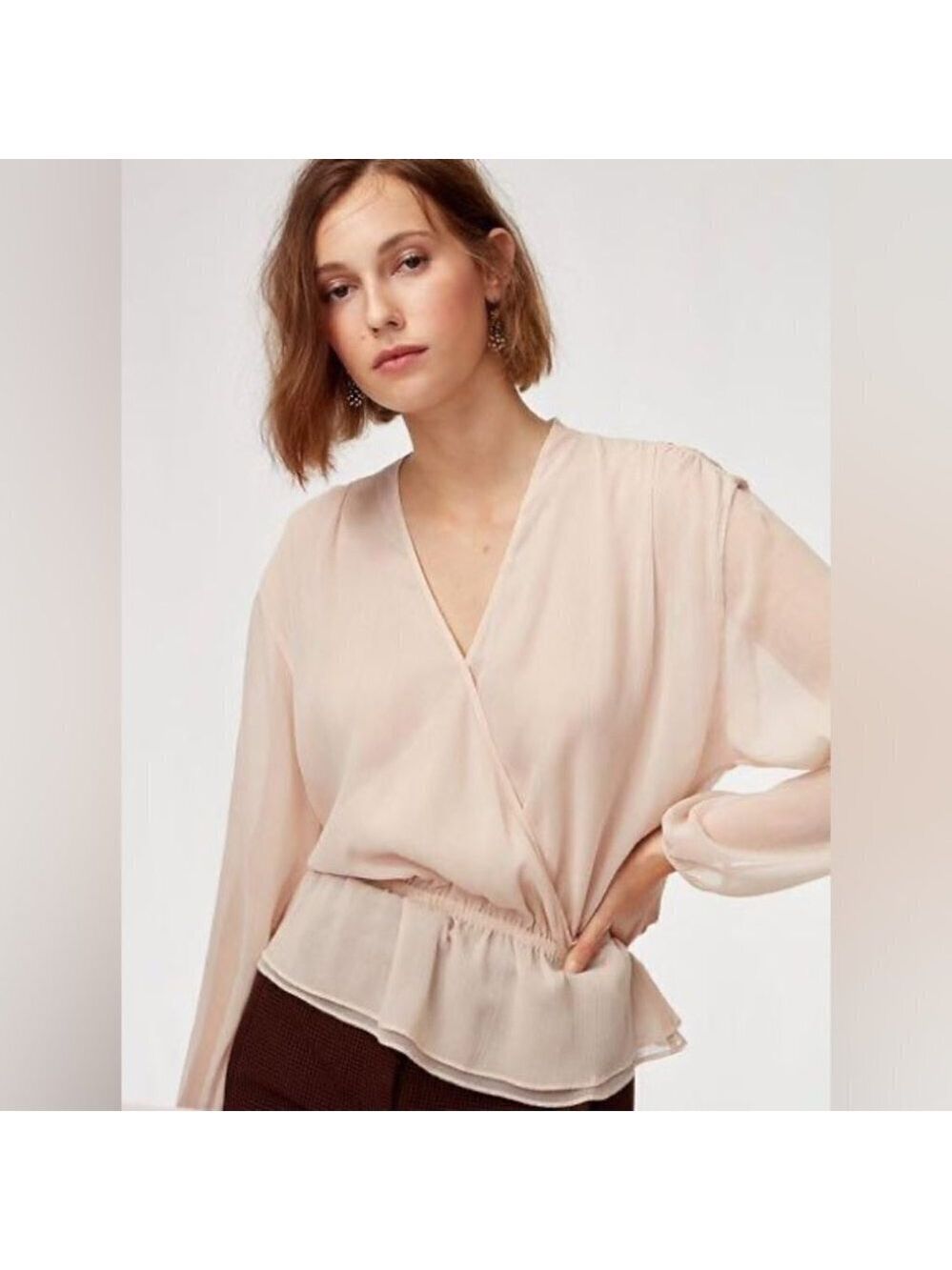 ** Little Moon Lunaria Semi Sheer Nude Wrap Front Ruffle Hem Blouse Size L